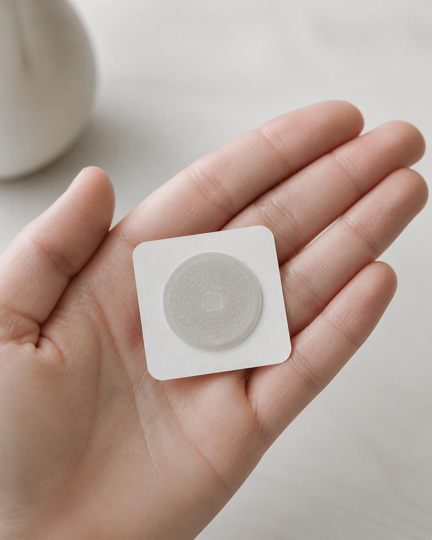 A hand holding a coin-sized, translucent circular Ivy patch still attached to its adhesive backing pad