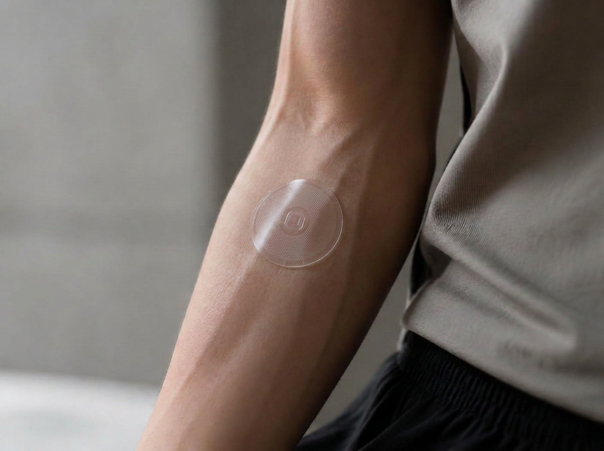 A clear, low-profile patch applied to the inner forearm of an athlete in soft daylight